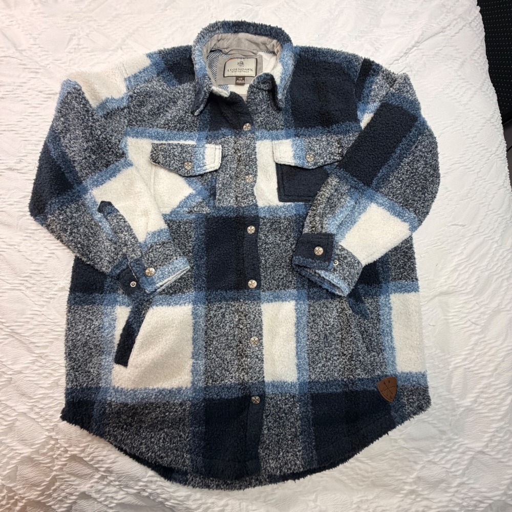 Legendary Whitetails Mens Blue Plaid Sherpa Fleece Shirt Jacket Chunky Guage L